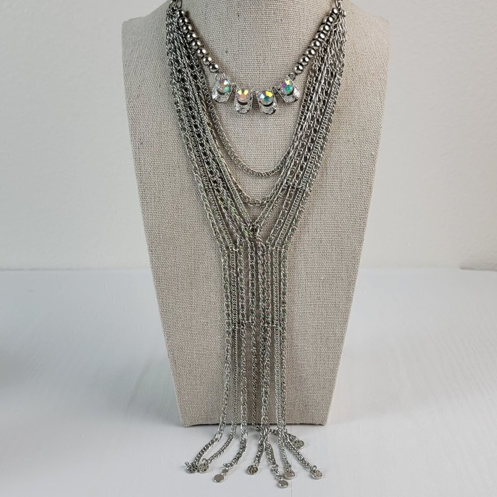 Plunder AB Crystal Charm Multi Chain Tassel Necklace 21" Silver-Tone Lobster